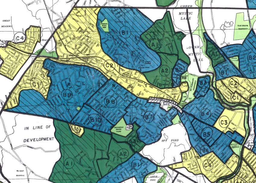 "Redline" map of Arlington, MA, courtesty of the Home Owner's Loan Corporation